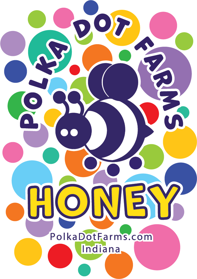 Polka Dot Farms Honey label: a navy bumblebee surrounded by colorful polka dots